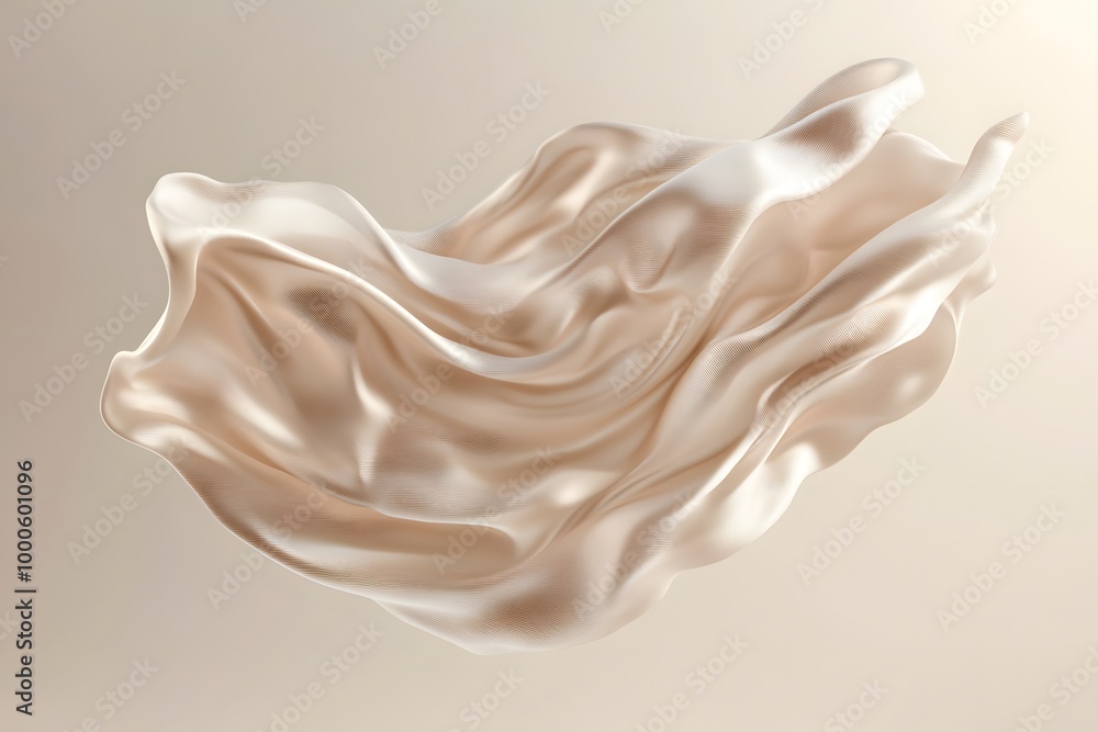 Poster 3d render of an abstract shape in beige silk fabric floating on a neutral background. creative desig