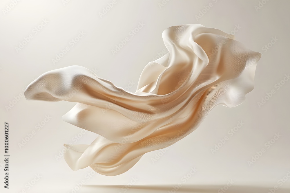 Poster 3d render of an abstract shape in beige silk fabric floating on a neutral background. creative desig