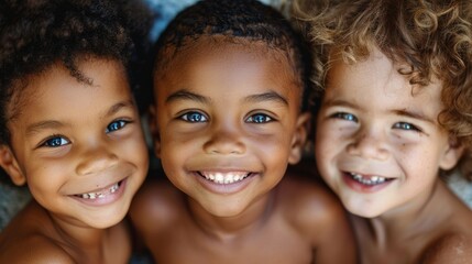 A close-up photo of three happy kids with different hair textures