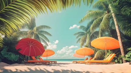 Obraz premium 3. A vibrant summer beach setting with colorful beach umbrellas and lounge chairs, framed by lush palm trees, providing a spacious area for copy text or product displays