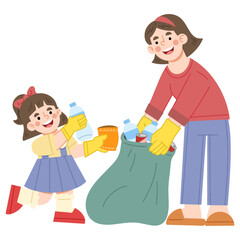 Vector illustration of mother and little girl cleaning the environment