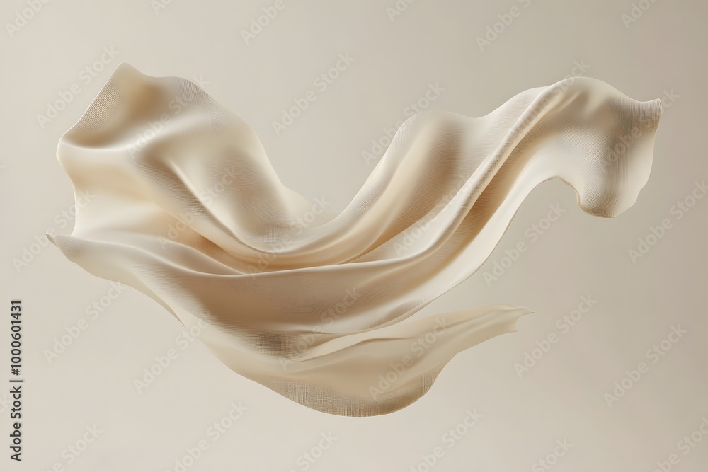 Poster 3d render of an abstract shape in beige silk fabric floating on a neutral background. creative desig