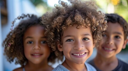 Fototapeta premium A close-up photo of three kids with different hair textures, smiling brightly