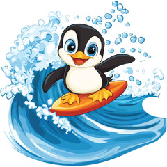 Cute cartoon penguin surfing on a surfboard in a water wave