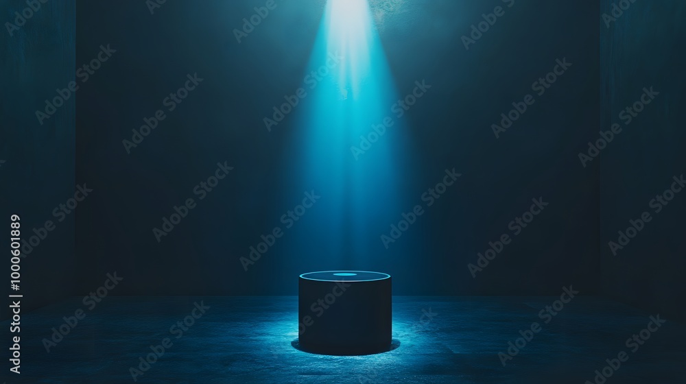 Poster 2. an atmospheric scene featuring a dimly lit studio with deep shadows, where a blue neon searchligh
