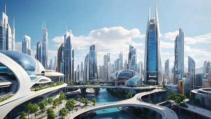 Futuristic Cityscape With Sleek Skyscrapers and Lush Greenery Under a Bright Sky