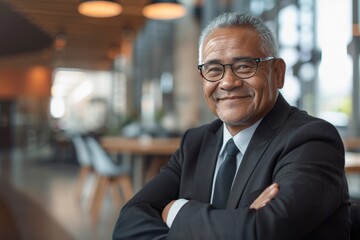 Fototapeta premium Portrait of successful senior Maori businessman consultant looking at camera and smiling inside modern office building , background blur