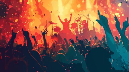 Energetic Crowd at Lively Music Festival with Performers on Illuminated Stage