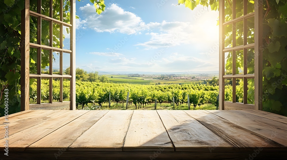 Aufkleber 3. a serene scene of an empty wooden table next to an open window, offering a beautiful view of a lu