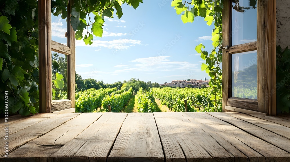 Poster 3. a serene scene of an empty wooden table next to an open window, offering a beautiful view of a lu