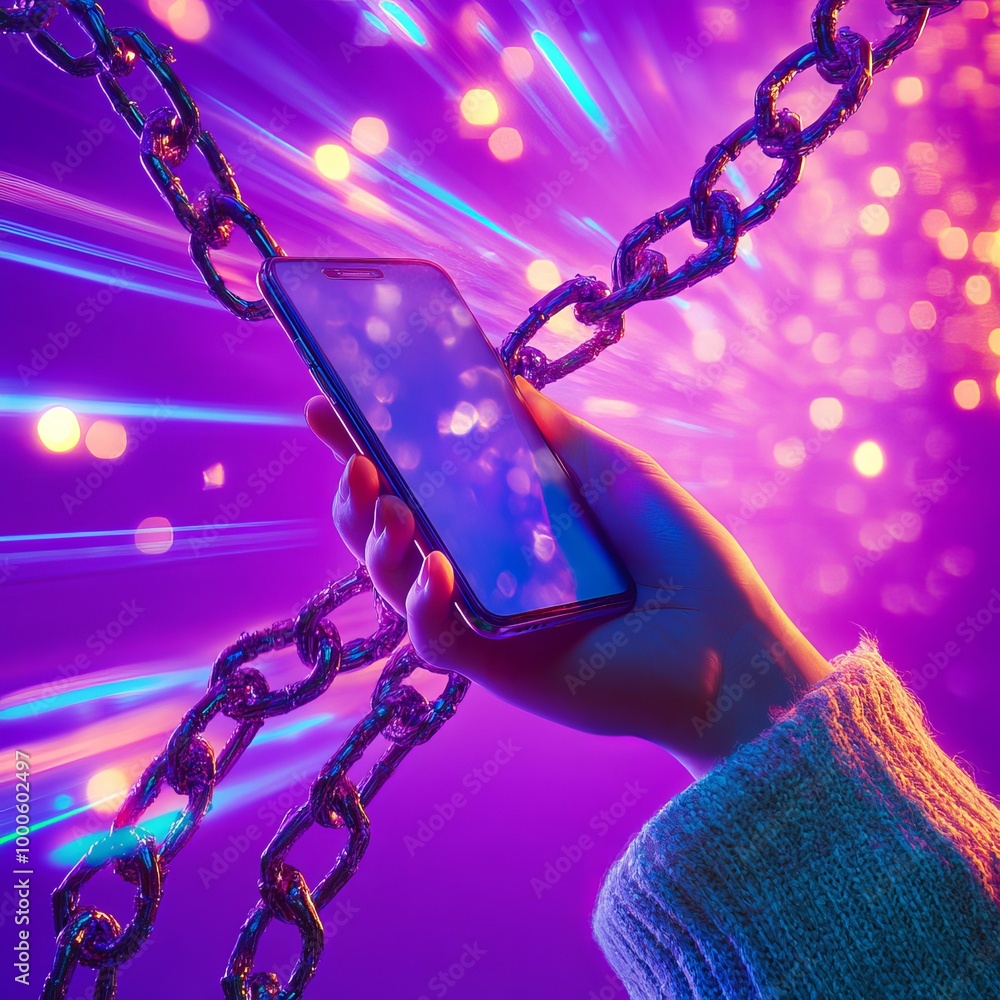 Poster a hand grips a smartphone encased in glowing digital chains, set against a vibrant purple backdrop w