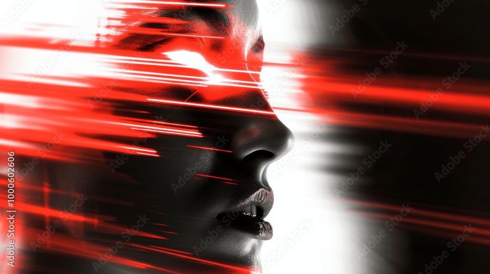Poster a futuristic profile of a woman is intersected by red light streaks and abstract visual effects, cre