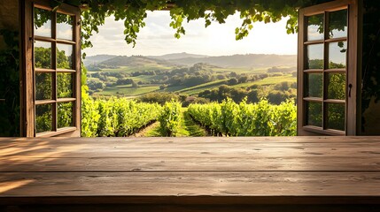 4. A charming wooden table positioned by an open window, framing a breathtaking vineyard view filled with vibrant green grapes and rolling hills, providing an inviting space for product presentation