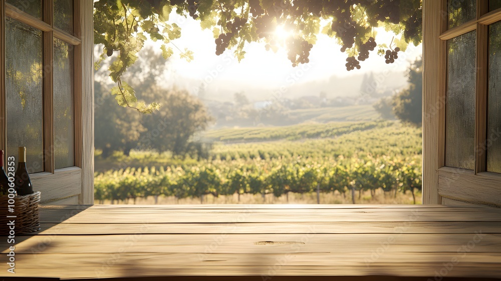 Poster 5. a cozy wooden table in front of an open window, overlooking a tranquil vineyard with gentle sunli
