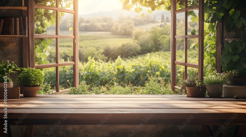 Poster 5. a cozy wooden table in front of an open window, overlooking a tranquil vineyard with gentle sunli