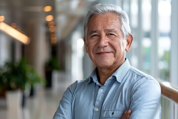 Fototapeta premium Portrait of successful senior Mayan businessman consultant looking at camera and smiling inside modern office building , background blur