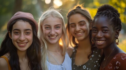 Fototapeta premium A diverse group of young women, all smiling warmly and standing closely