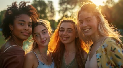 Obraz premium A diverse group of young women, all standing closely and smiling warmly