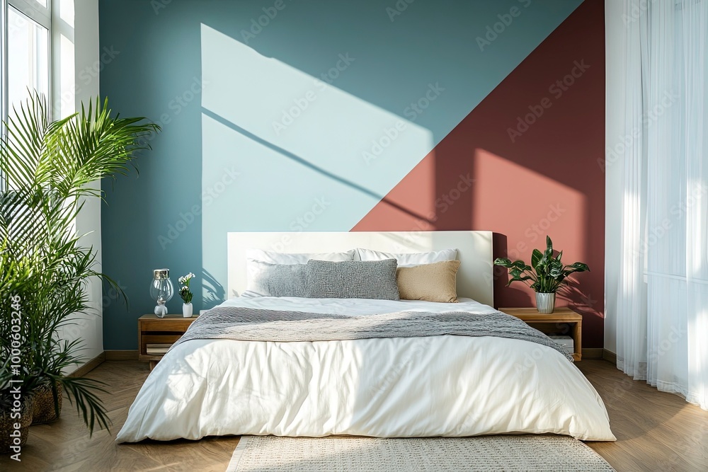 Wall mural Interior of modern bedroom with double bed and white linen, color ful wall with patterns. Accent wall with maroon and blue diagonal wall paint. generative ai