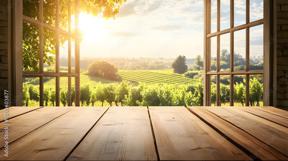 Poster 1. an empty wooden table set in front of an open window, revealing a stunning vineyard view bathed i