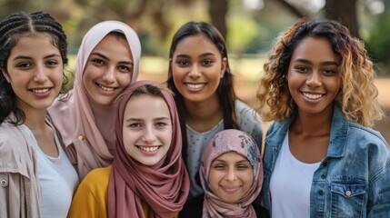 Fototapeta premium A group of young women from various ethnic backgrounds, all smiling and standing closely together