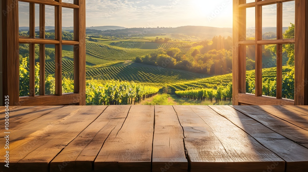 Poster 1. an empty wooden table set in front of an open window, revealing a stunning vineyard view bathed i