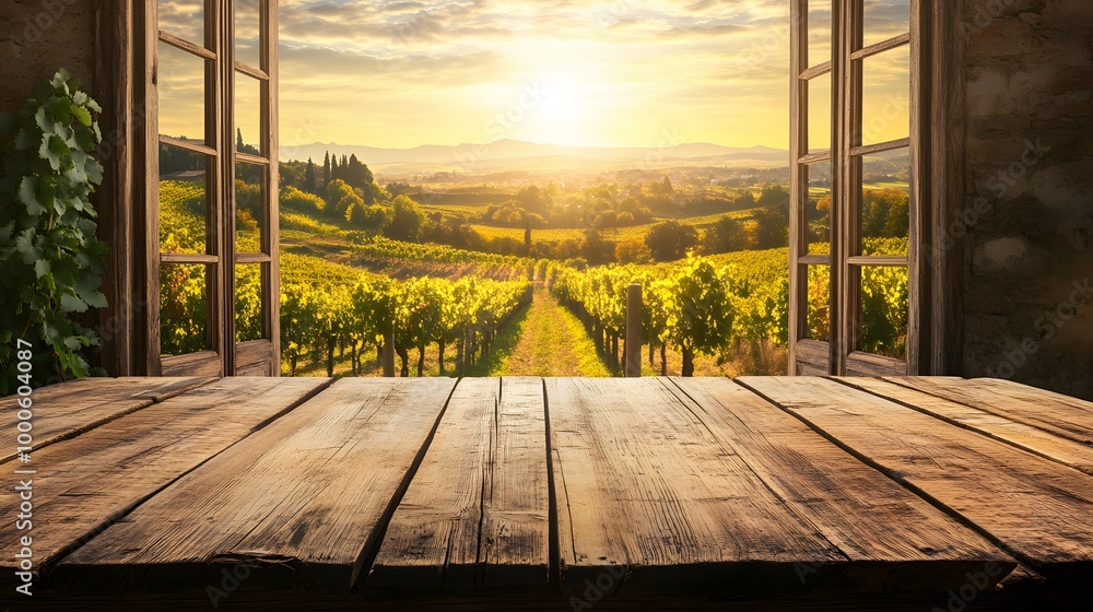 Poster 1. an empty wooden table set in front of an open window, revealing a stunning vineyard view bathed i