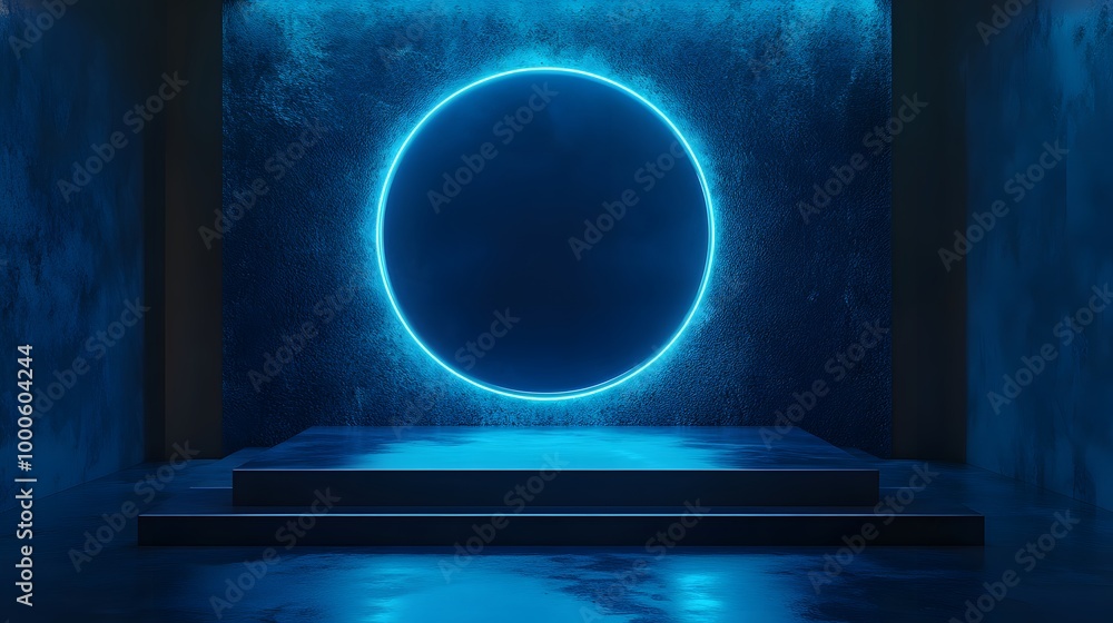 Poster 1. a striking 3d render of an abstract dark studio room illuminated by a vibrant blue neon searchlig