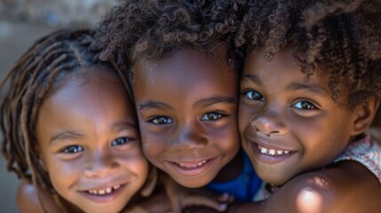 Fototapeta premium A heartwarming close-up of three smiling kids with different hair types