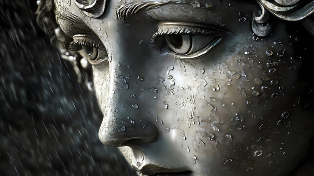 Antique selkie sculpture under hailstorm, high detail, dramatic lighting, close-up, historic textures,. Selkie. Illustration