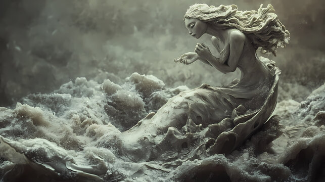Antique selkie sculpture under hailstorm, high detail, dramatic lighting, close-up, historic textures,. Selkie. Illustration