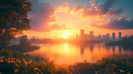 A stunning sunset over a city skyline reflecting in water, surrounded by greenery and blooming flowers, creating a tranquil and picturesque scene.