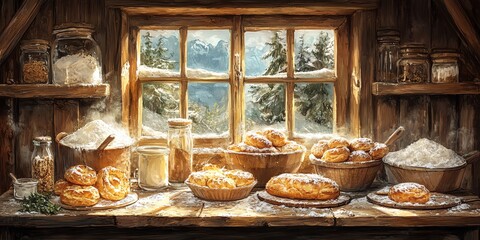 A rustic kitchen window with snowy mountain views, a table full of pastries, and ingredients for baking.
