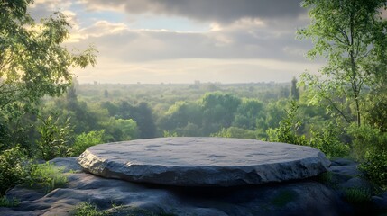 1. A flat small stone podium positioned on a rugged rock platform, set against a backdrop of a lush green forest and a serene blue horizon, illuminated by soft daily light, ideal for product display