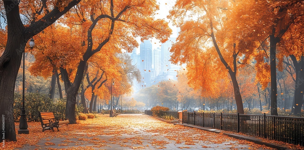 Poster a scenic path lined with trees ablaze in autumn colors with fallen leaves scattered on the ground an