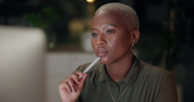 Black woman, journalist and thinking with computer, office and night for deadline, research or publication. Female person, tech and concentration for project, idea or planning as professional in news