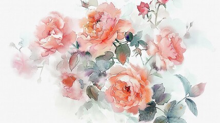 A watercolor painting of peonies and roses, in soft pink, lavender, and pastel colors, with simple lines on a white background, in a cute, Japanese-inspired style