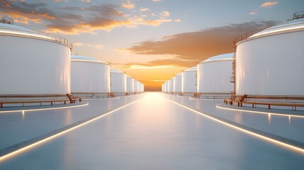 Obraz premium A serene sunset over a symmetrical row of large storage tanks, creating a tranquil industrial landscape.
