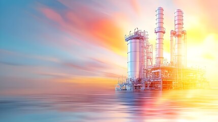 A vibrant industrial scene featuring a gas processing facility against a stunning sunrise over water.