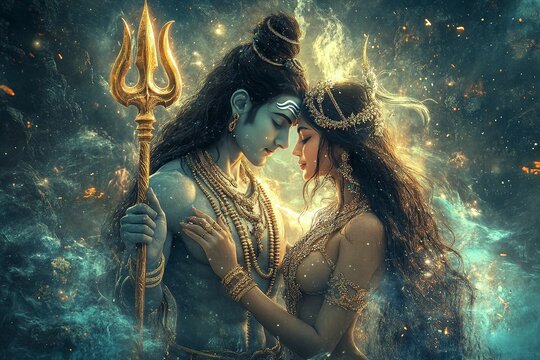 lord shiva and Parvati romance with golden trident. cosmic aura. hyper realistic.generative ai