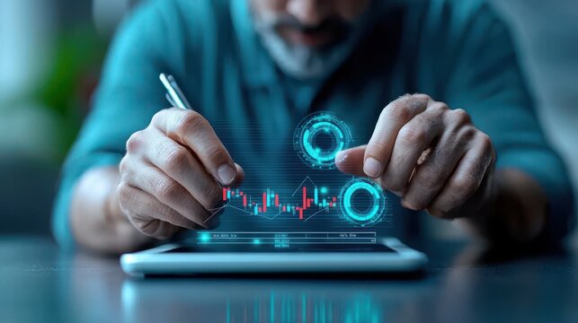 Businessman using digital tablet analyzing data and charts
