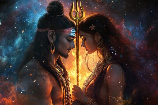 lord shiva and Parvati romance with golden trident. cosmic aura. hyper realistic.generative ai