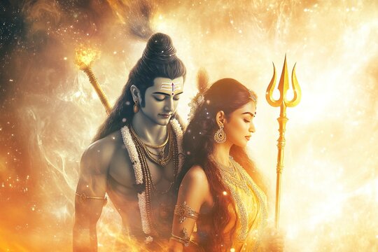 lord shiva and Parvati romance with golden trident. cosmic aura. hyper realistic.generative ai