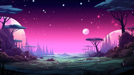Naklejka premium Fantasy Landscape with Two Moons, Silhouettes of Trees, and a Pink Sky