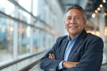Naklejka premium Portrait of successful senior Quechua businessman consultant looking at camera and smiling inside modern office building , background blur