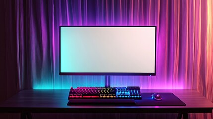 Modern Gaming Setup with Computer Monitor  Keyboard  and Mouse on Desk with Purple and Blue Lights