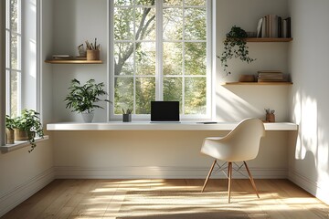 interior architectural design, home office for modern minimalistic house, Minimalist, Home, Office, Simple, White, Desk, Modern, Chair, Laptop, Room, A Clean and Minimalist Workspace