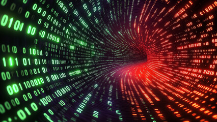 Fototapeta premium A mesmerizing tunnel of glowing red and green binary code, set against a dark backdrop. For data flow, technology, and the digital world themes.