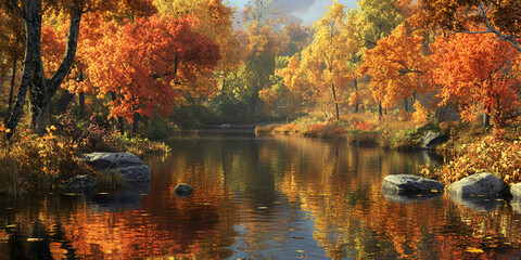 Fototapeta premium Serene Autumn River Landscape with Golden Foliage