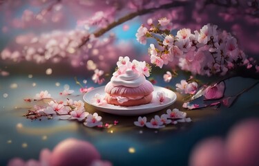 A delicate pink dessert topped with whipped cream and surrounded by blossoms rests on a white plate.